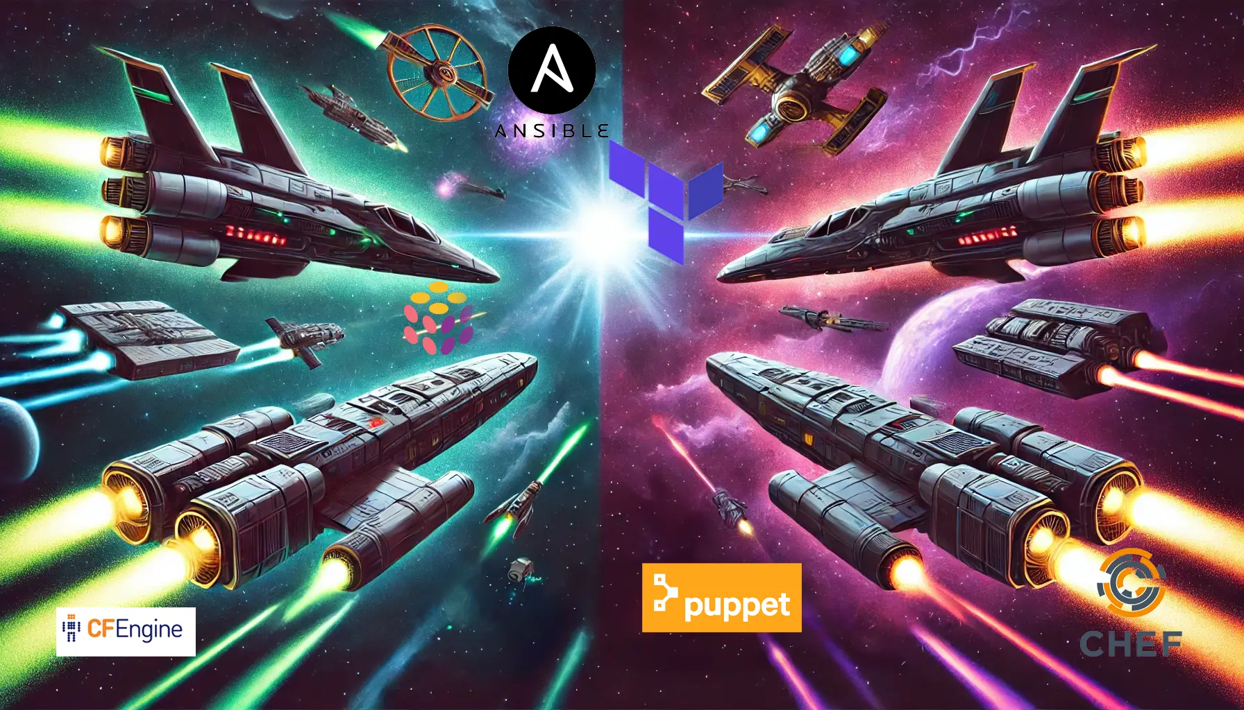 Image of space battle with logos of IaC Tools scattered among spaceships