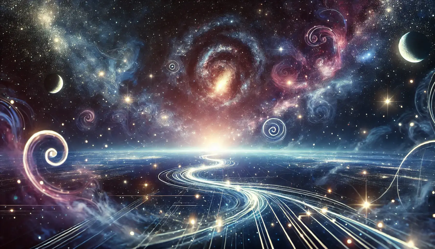 Beautiful picture of swirling spirals in space with planets, galaxies and glowing colors