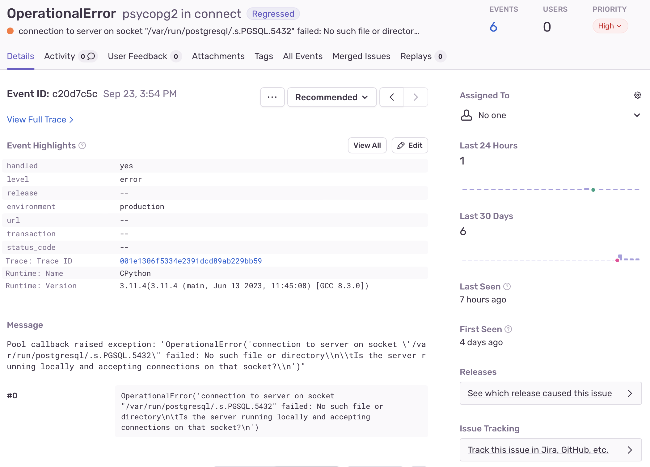 Screenshot of Sentry.io Web interface showing example issue