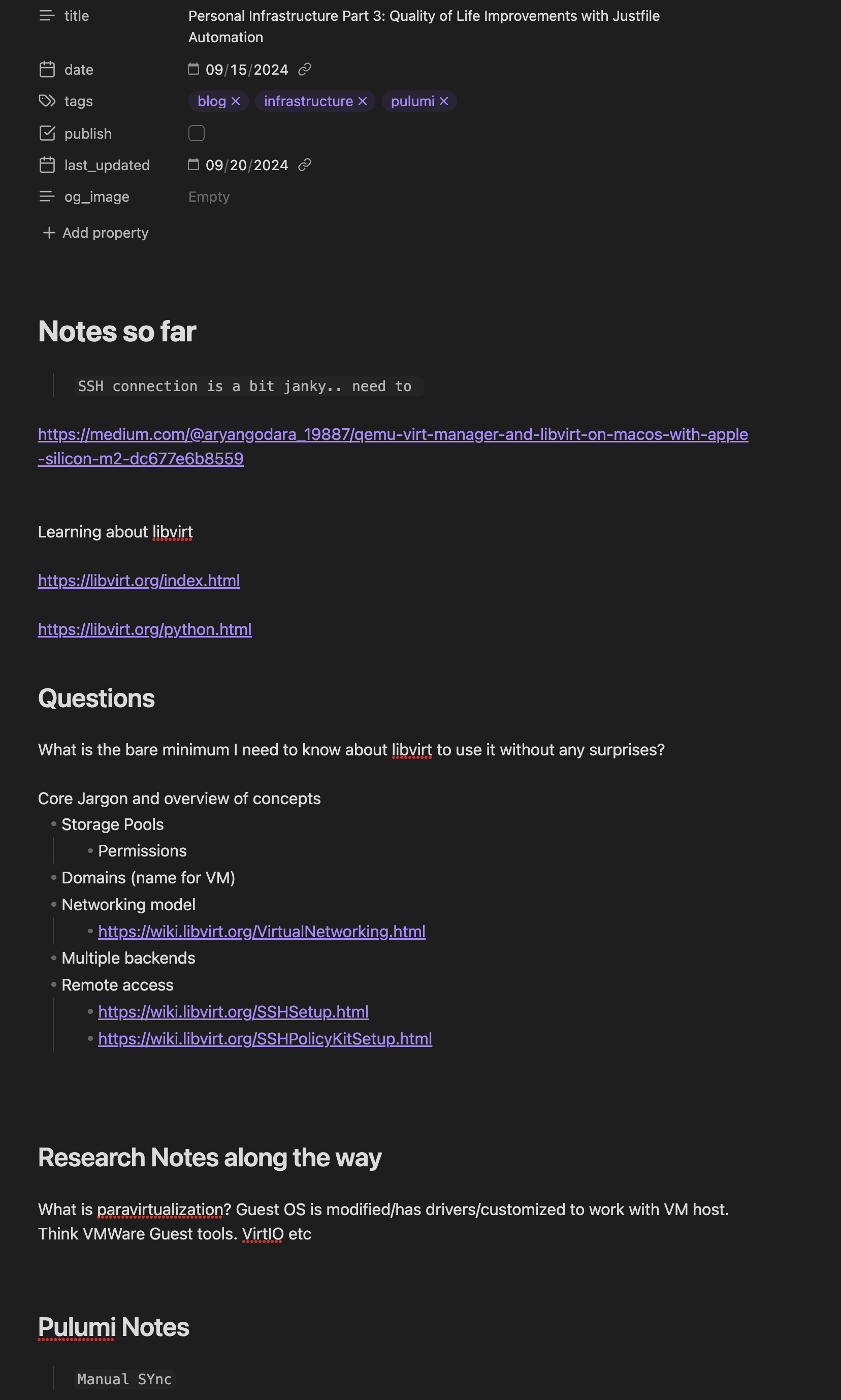 Screenshot of Obsidian note showing messy work in progress notes for understanding libvirt