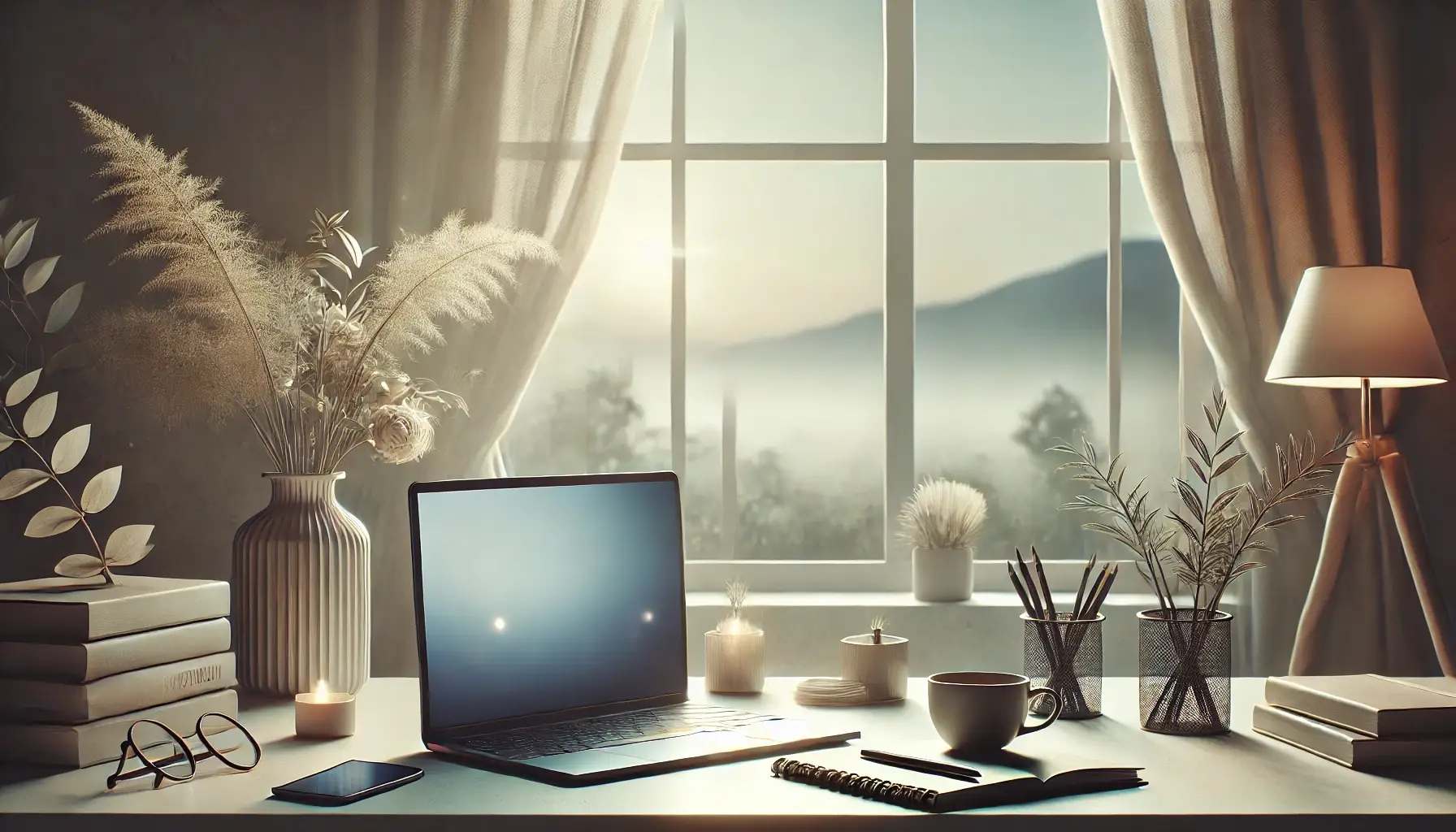 Minimalist workspace with a laptop, notebook, and a cup of tea on a desk, in a softly lit room. A window in the background shows a peaceful natural scene with mountains or trees, evoking a sense of calm, creativity, and thoughtful productivity.